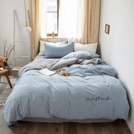 91家纺网 家纺一手货源 找家纺 （总）怡家居 2019纯棉色织水洗刺绣简约款四件套床单款