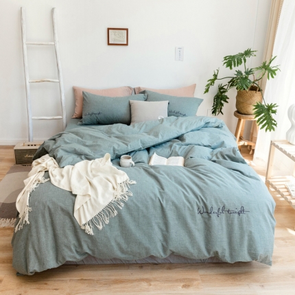 （总）怡家居 2019纯棉色织水洗刺绣简约款四件套床笠款