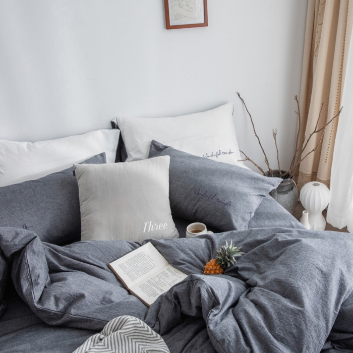 91家纺网 家纺一手货源 找家纺 怡家居 2019纯棉色织水洗刺绣简约款四件套床单款 深灰