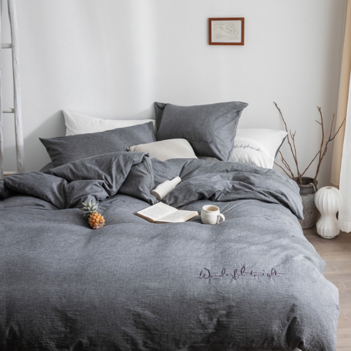91家纺网 家纺一手货源 找家纺 怡家居 2019纯棉色织水洗刺绣简约款四件套床单款 深灰