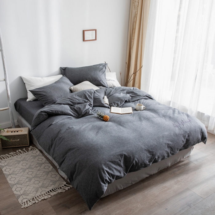 91家纺网 家纺一手货源 找家纺 怡家居 2019纯棉色织水洗刺绣简约款四件套床单款 深灰