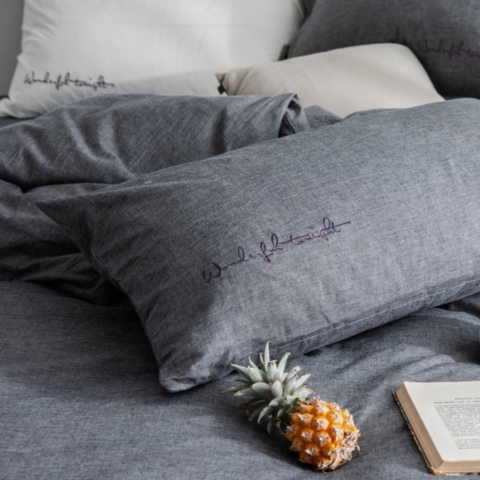 91家纺网 家纺一手货源 找家纺 怡家居 2019纯棉色织水洗刺绣简约款四件套床单款 深灰