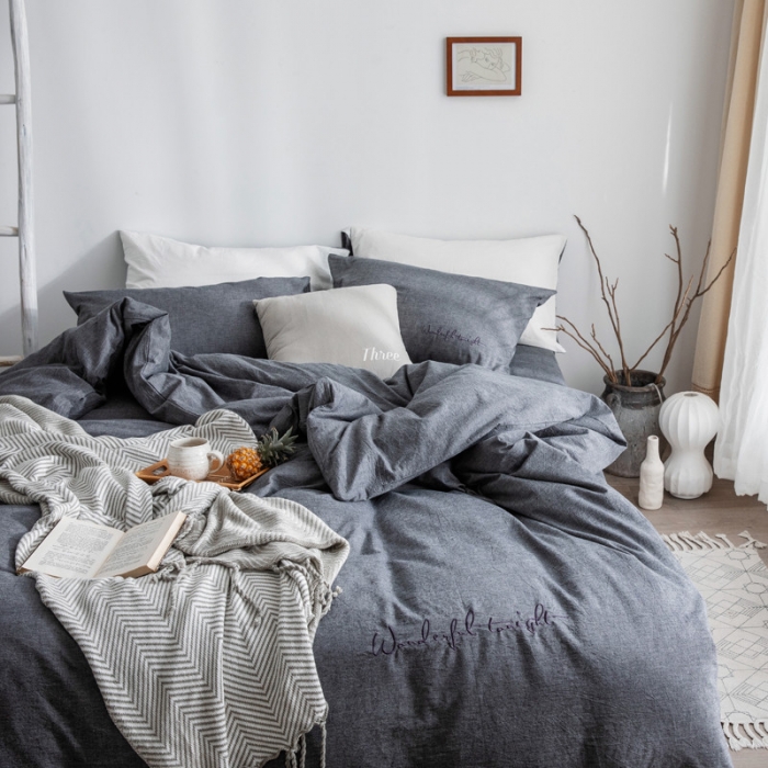 91家纺网 家纺一手货源 找家纺 怡家居 2019纯棉色织水洗刺绣简约款四件套床单款 深灰
