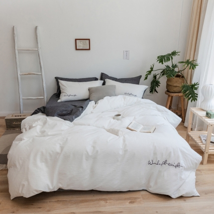 怡家居 2019纯棉色织水洗刺绣简约款四件套床单款 白加灰