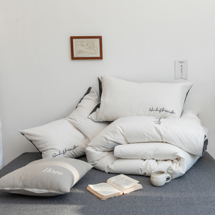 91家纺网 家纺一手货源 找家纺 怡家居 2019纯棉色织水洗刺绣简约款四件套床单款 白加灰