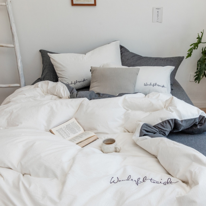 91家纺网 家纺一手货源 找家纺 怡家居 2019纯棉色织水洗刺绣简约款四件套床单款 白加灰