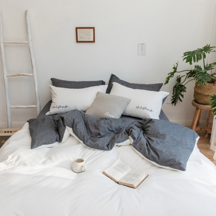 91家纺网 家纺一手货源 找家纺 怡家居 2019纯棉色织水洗刺绣简约款四件套床单款 白加灰