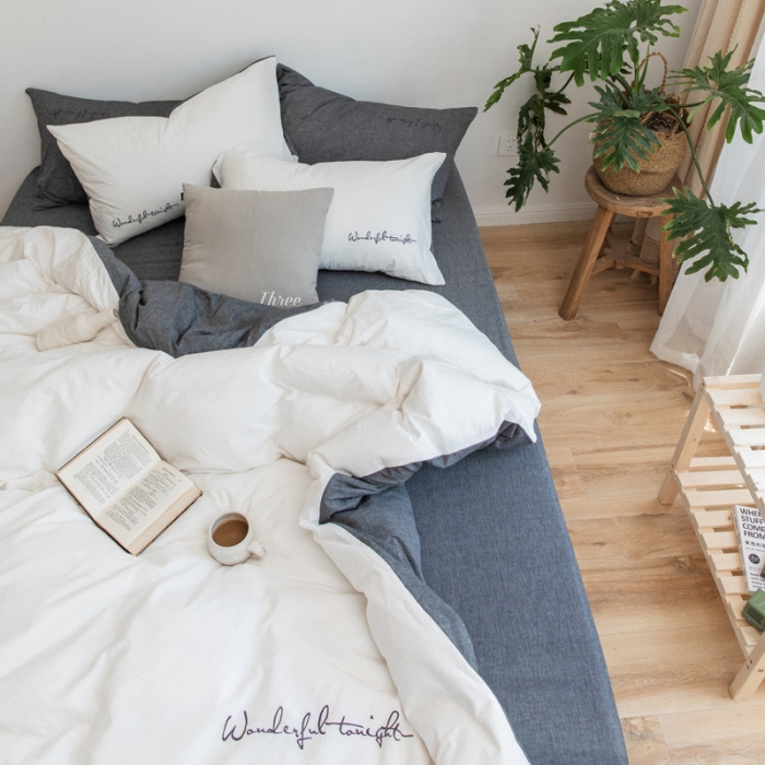 91家纺网 家纺一手货源 找家纺 怡家居 2019纯棉色织水洗刺绣简约款四件套床单款 白加灰