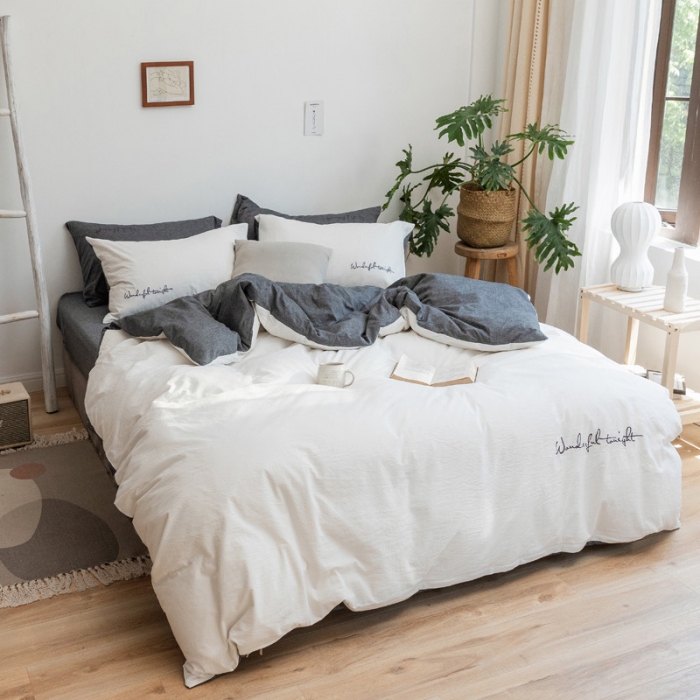 91家纺网 家纺一手货源 找家纺 怡家居 2019纯棉色织水洗刺绣简约款四件套床单款 白加灰