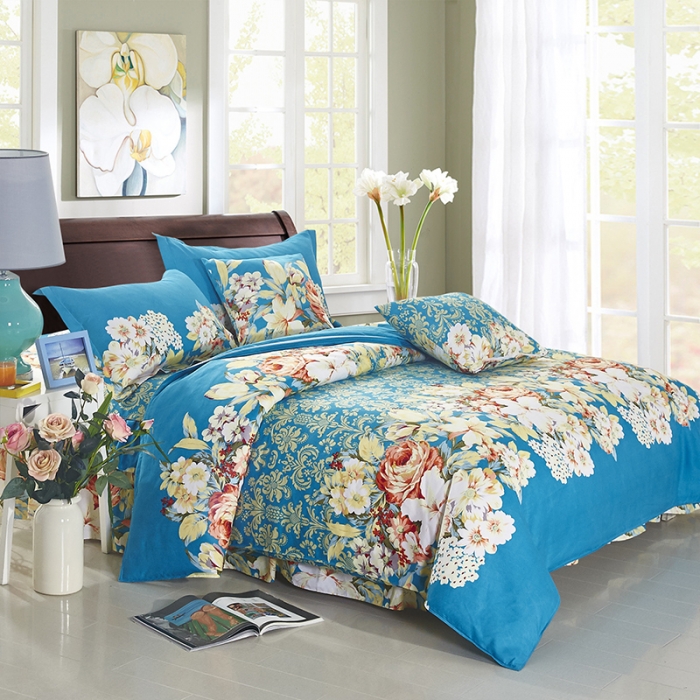 91家纺网 家纺一手货源 找家纺 梦柏 2018新款加厚磨毛四件套 蓝色花语