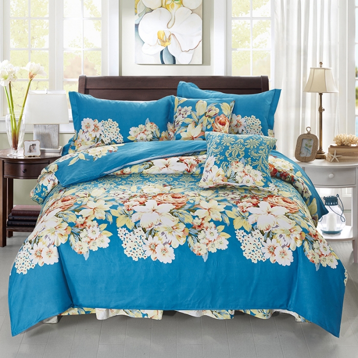 91家纺网 家纺一手货源 找家纺 梦柏 2018新款加厚磨毛四件套 蓝色花语