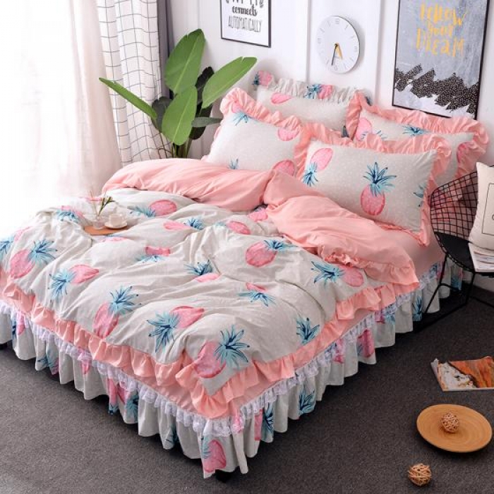 91家纺网 家纺一手货源 找家纺 梦柏 2018新款洛卡棉蕾丝花边四件套 菠萝派（绿）