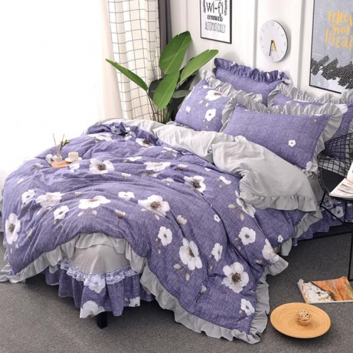 91家纺网 家纺一手货源 找家纺 梦柏 2018新款洛卡棉蕾丝花边四件套 花间游（紫）