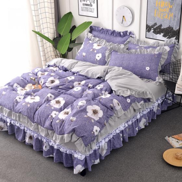 91家纺网 家纺一手货源 找家纺 梦柏 2018新款洛卡棉蕾丝花边四件套 花间游（紫）