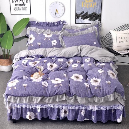 梦柏 2018新款洛卡棉蕾丝花边四件套 花间游（紫）