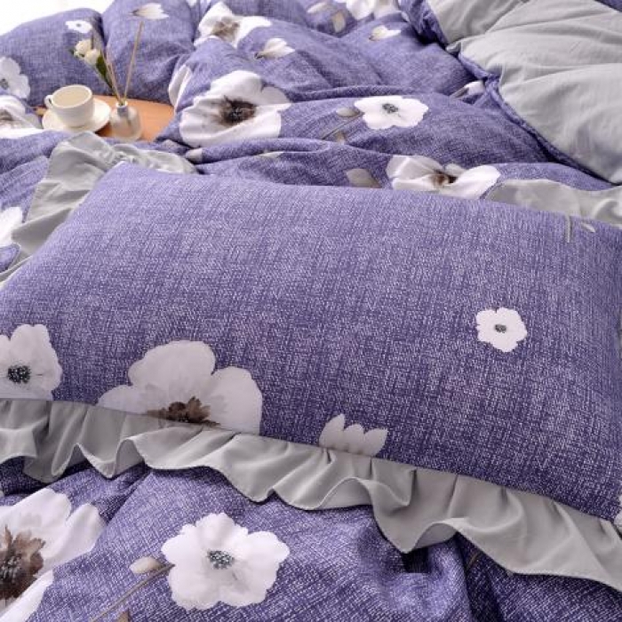 91家纺网 家纺一手货源 找家纺 梦柏 2018新款洛卡棉蕾丝花边四件套 花间游（紫）