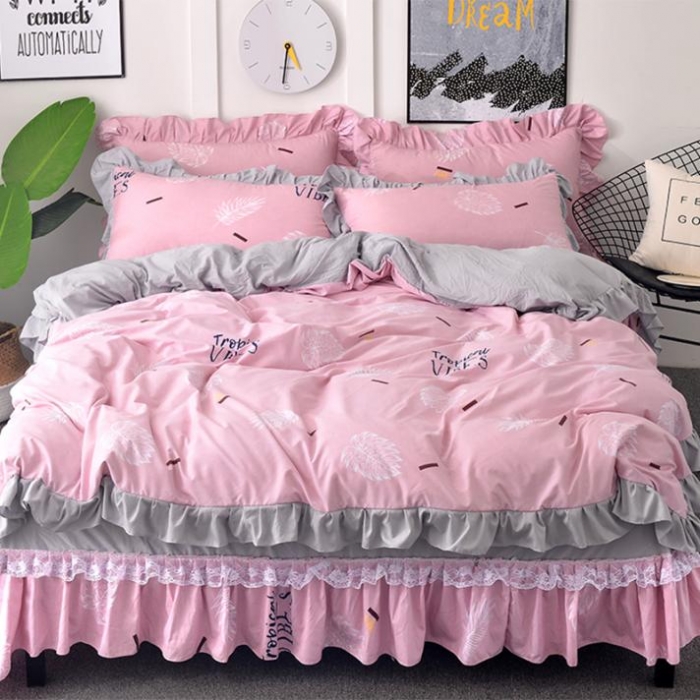 91家纺网 家纺一手货源 找家纺 梦柏 2018新款洛卡棉蕾丝花边四件套 叶秋