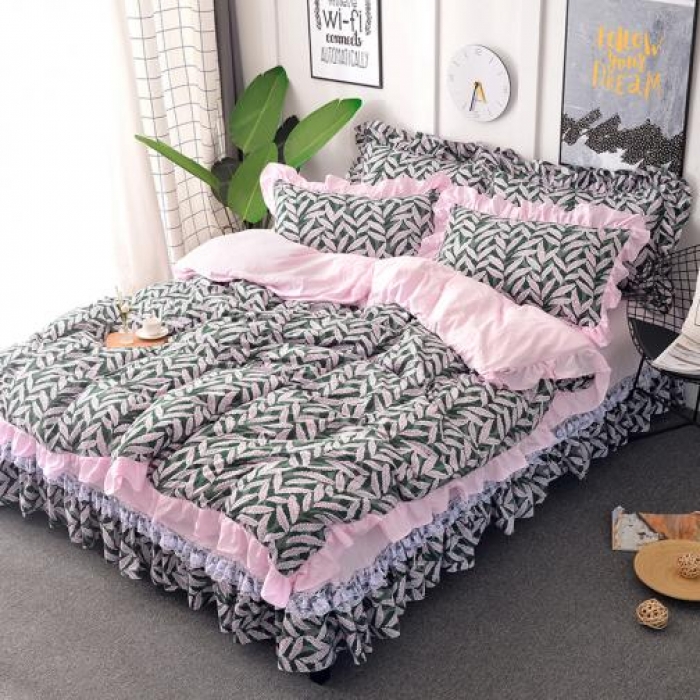 91家纺网 家纺一手货源 找家纺 梦柏 2018新款洛卡棉蕾丝花边四件套 叶语摇香（绿）