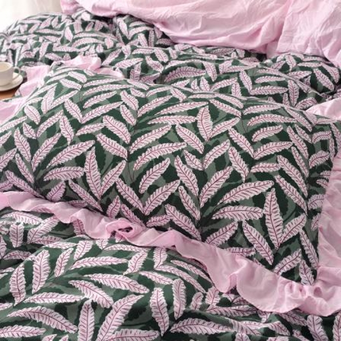 91家纺网 家纺一手货源 找家纺 梦柏 2018新款洛卡棉蕾丝花边四件套 叶语摇香（绿）