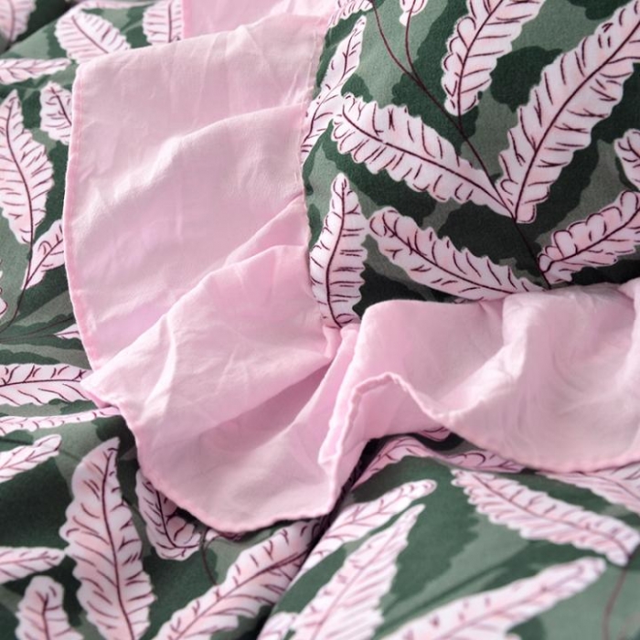 91家纺网 家纺一手货源 找家纺 梦柏 2018新款洛卡棉蕾丝花边四件套 叶语摇香（绿）