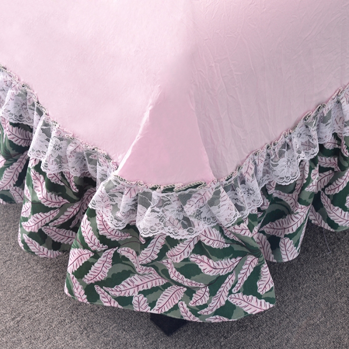 91家纺网 家纺一手货源 找家纺 梦柏 2018新款洛卡棉蕾丝花边四件套 叶语摇香（绿）