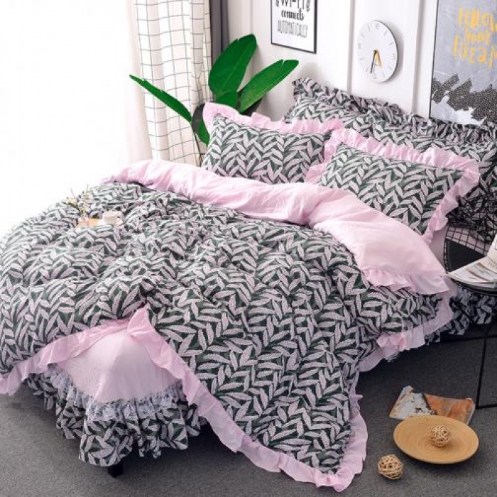 91家纺网 家纺一手货源 找家纺 梦柏 2018新款洛卡棉蕾丝花边四件套 叶语摇香（绿）