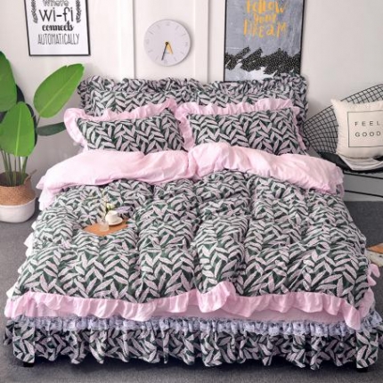 91家纺网 家纺一手货源 找家纺 梦柏 2018新款洛卡棉蕾丝花边四件套 叶语摇香（绿）