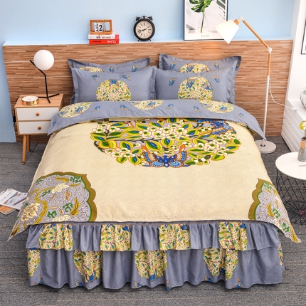 91家纺网 家纺一手货源 找家纺 梦柏 2018新款加厚磨毛四件套花间意（灰）