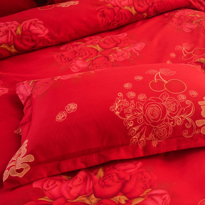 91家纺网 家纺一手货源 找家纺 梦柏 2018新款加厚磨毛四件套双喜玫瑰