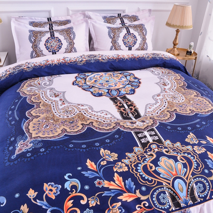 91家纺网 家纺一手货源 找家纺 梦柏家纺 2019新款加厚磨毛大版四件套床裙款 北海风-蓝