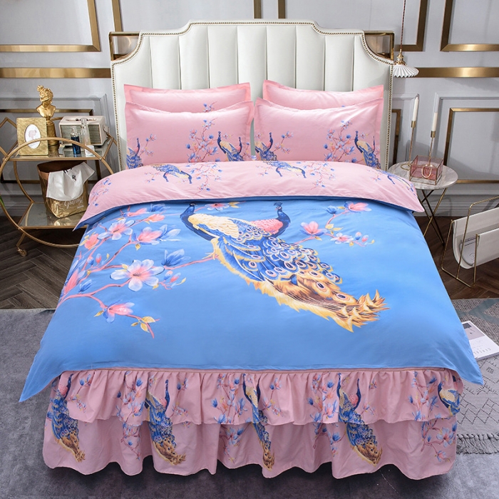 91家纺网 家纺一手货源 找家纺 梦柏家纺 2019新款加厚磨毛大版四件套床裙款 比翼双飞