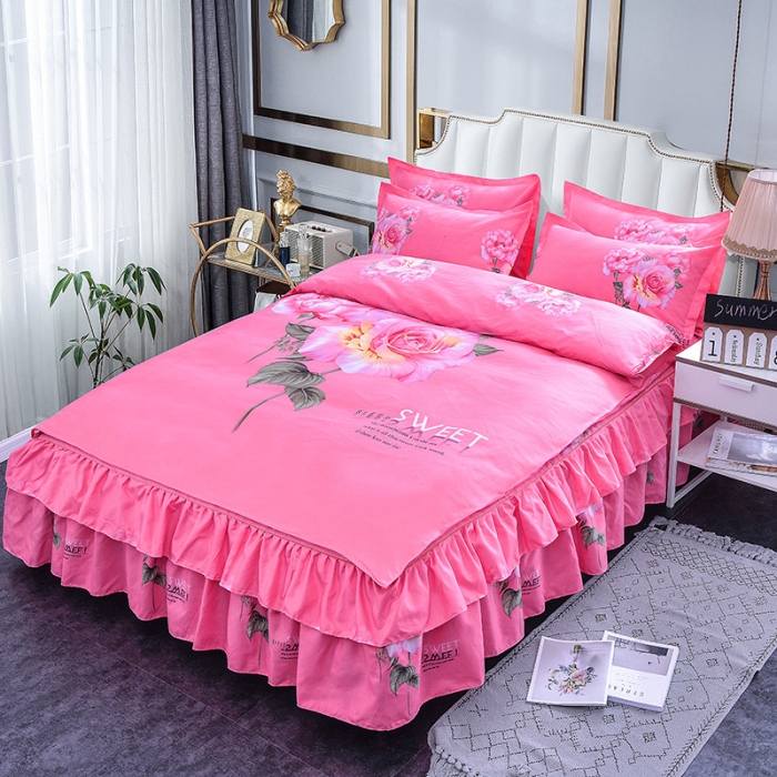 91家纺网 家纺一手货源 找家纺 梦柏家纺 2019新款加厚磨毛大版四件套床裙款 初恋