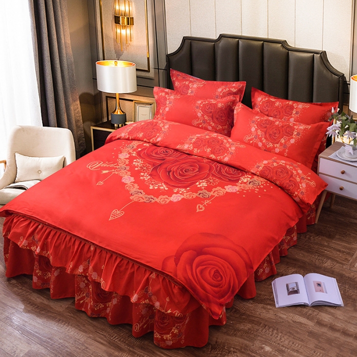 91家纺网 家纺一手货源 找家纺 梦柏家纺 2019新款加厚磨毛大版四件套床裙款 红妆