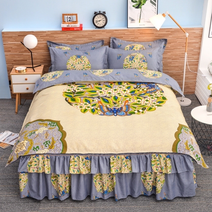 梦柏家纺 2019新款加厚磨毛大版四件套床裙款 花间意-灰