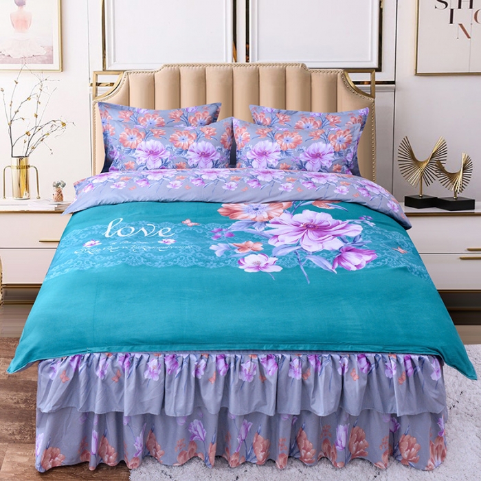 91家纺网 家纺一手货源 找家纺 梦柏家纺 2019新款加厚磨毛大版四件套床裙款 花韵纷飞