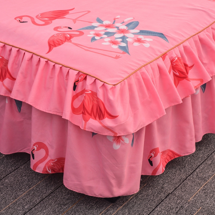 91家纺网 家纺一手货源 找家纺 梦柏家纺 2019新款加厚磨毛大版四件套床裙款 火烈鸟