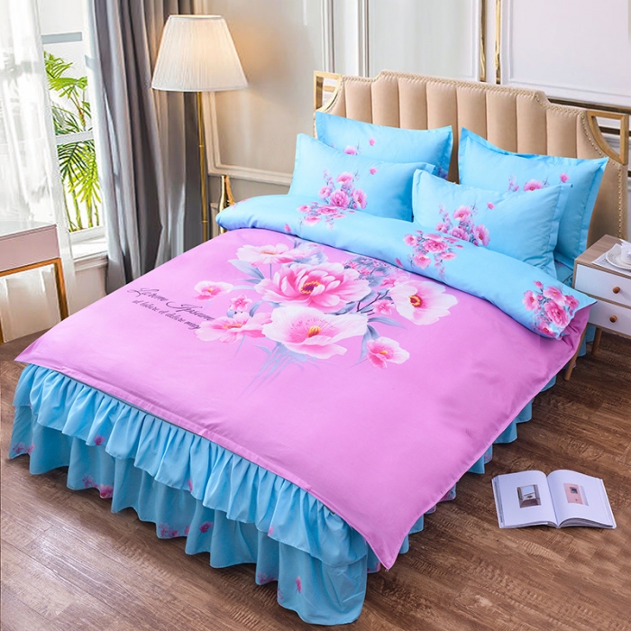 91家纺网 家纺一手货源 找家纺 梦柏家纺 2019新款加厚磨毛大版四件套床裙款 宁静花开