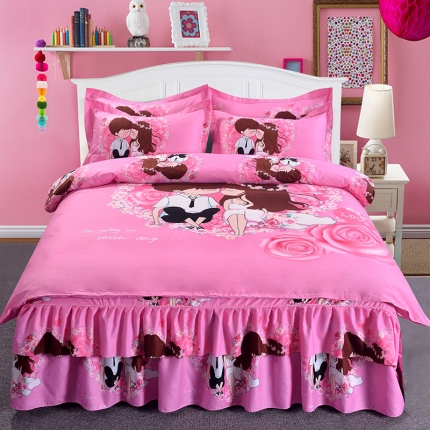 梦柏家纺 2019新款加厚磨毛大版四件套床裙款 情投意合