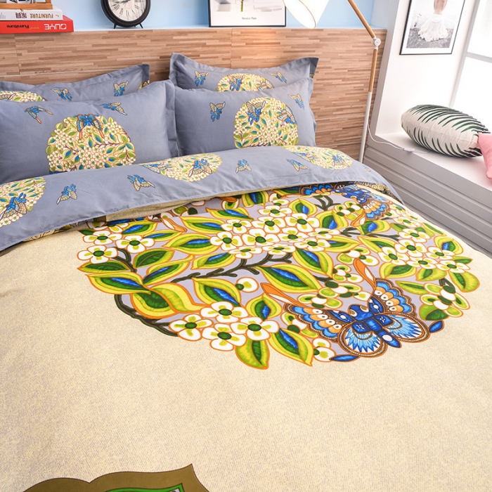 91家纺网 家纺一手货源 找家纺 梦柏家纺 2019新款加厚磨毛大版四件套床裙款 花间意-灰