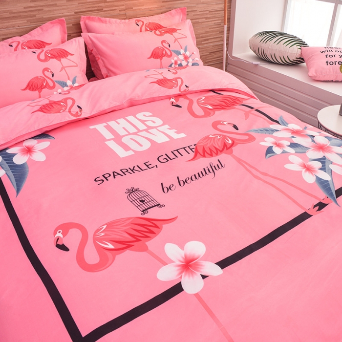 91家纺网 家纺一手货源 找家纺 梦柏家纺 2019新款加厚磨毛大版四件套床裙款 火烈鸟