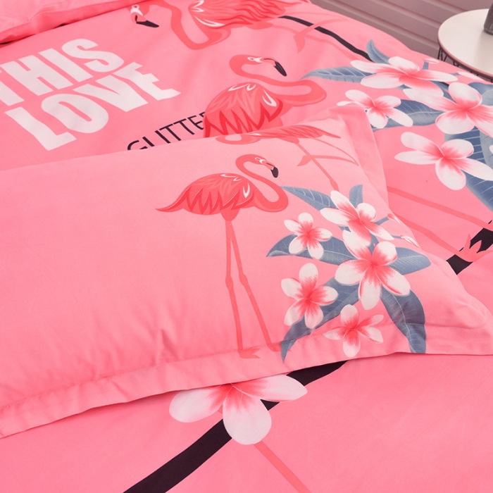 91家纺网 家纺一手货源 找家纺 梦柏家纺 2019新款加厚磨毛大版四件套床裙款 火烈鸟