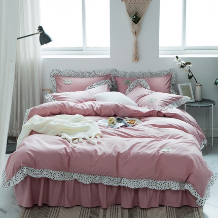 91家纺网 家纺一手货源 找家纺 万盛家纺2025新款韩版全棉波点床裙四件套 藕粉