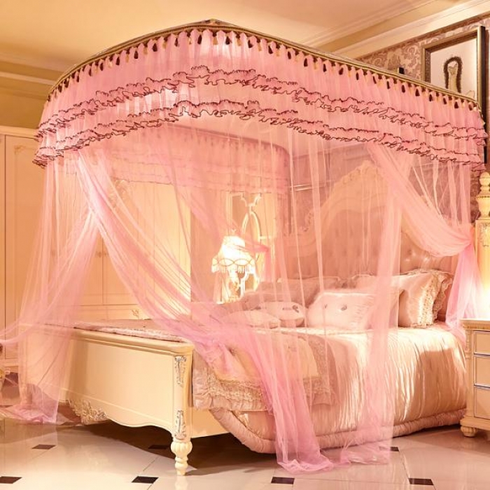 91家纺网 家纺一手货源 找家纺 迪凡保罗 A09不锈钢弧形伸缩蚊帐粉色