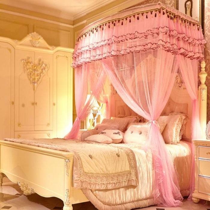 91家纺网 家纺一手货源 找家纺 迪凡保罗 A09不锈钢弧形伸缩蚊帐粉色