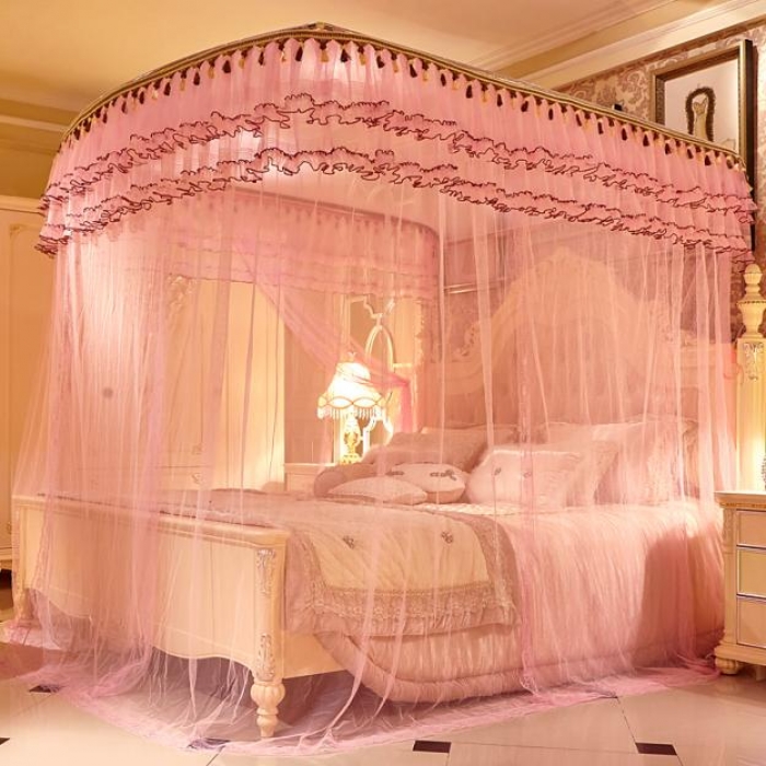 91家纺网 家纺一手货源 找家纺 迪凡保罗 A09不锈钢弧形伸缩蚊帐粉色