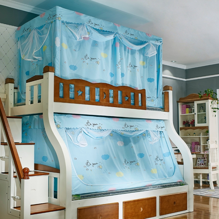 91家纺网 家纺一手货源 找家纺 迪凡保罗 5807遮光帘子母床拉链蚊-不锈钢支架 云朵