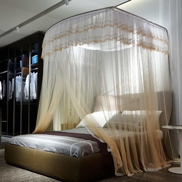 91家纺网 家纺一手货源 找家纺 迪凡保罗 A05 弧形伸缩钓鱼式蚊帐 渐变黄色-25管支架