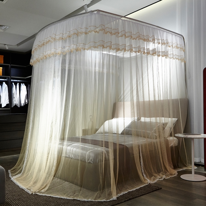 91家纺网 家纺一手货源 找家纺 迪凡保罗 A05 弧形伸缩钓鱼式蚊帐 渐变黄色-25管支架