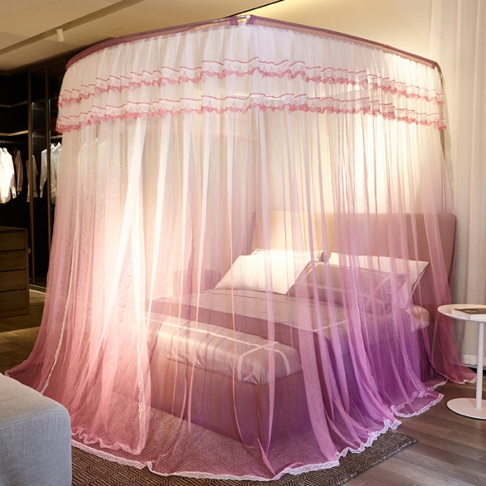 91家纺网 家纺一手货源 找家纺 迪凡保罗 A05 弧形伸缩钓鱼式蚊帐 渐变粉色-32管支架