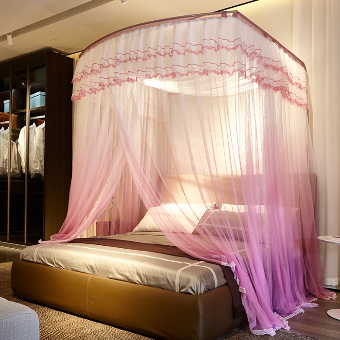 91家纺网 家纺一手货源 找家纺 迪凡保罗 A05 弧形伸缩钓鱼式蚊帐 渐变粉色-32管支架